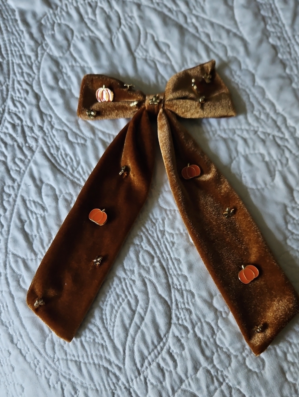 Target Velvet Brown Hair Bow with Pumpkin Charm Accents